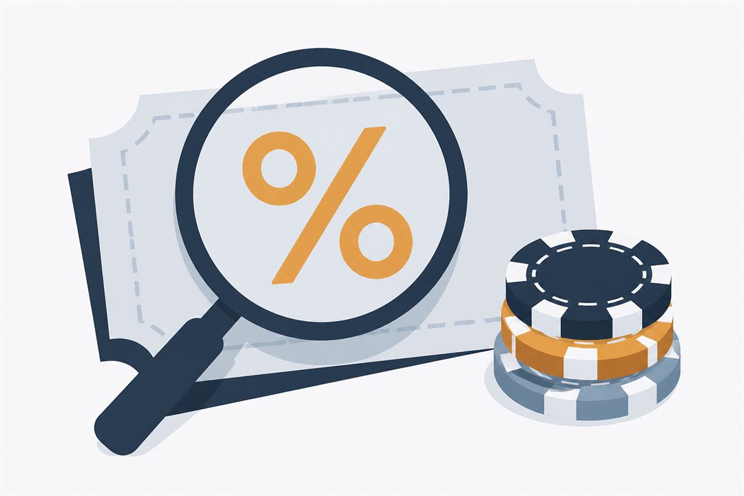 Illustration of a magnifying glass over a bonus voucher next to a stack of casino chips