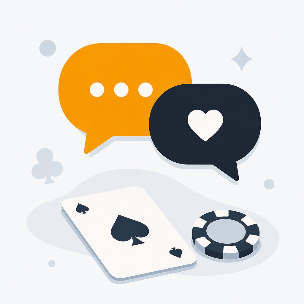 Illustration of two speech bubbles above a playing card and a casino chip