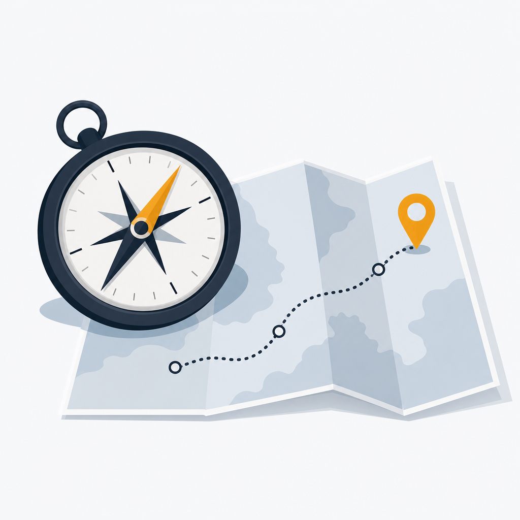 Illustration of a compass resting on a folded map with a dotted route ending at an amber location pin