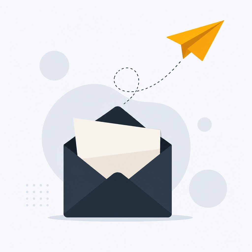 Illustration of an open envelope with a letter and an amber paper plane flying out