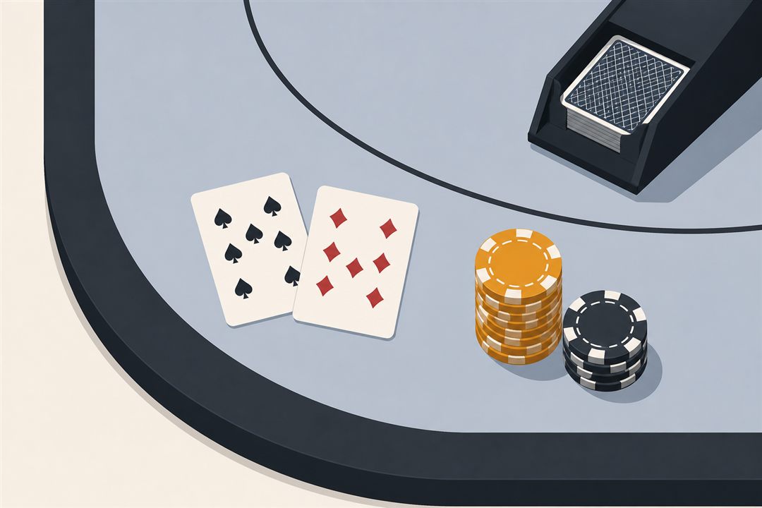 Overhead illustration of a card table corner with two playing cards, chip stacks and a dealing shoe