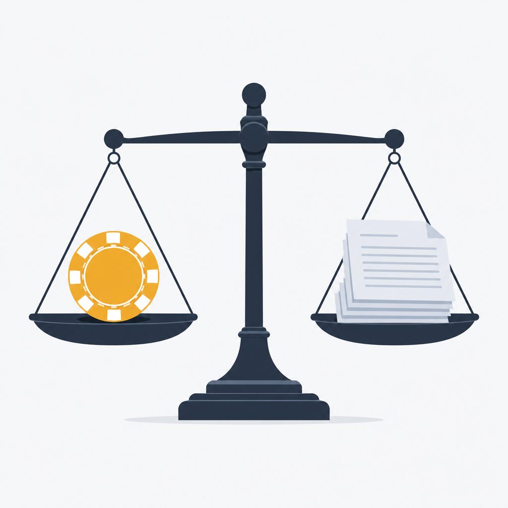 Illustration of a balance scale weighing a casino chip against a stack of terms documents
