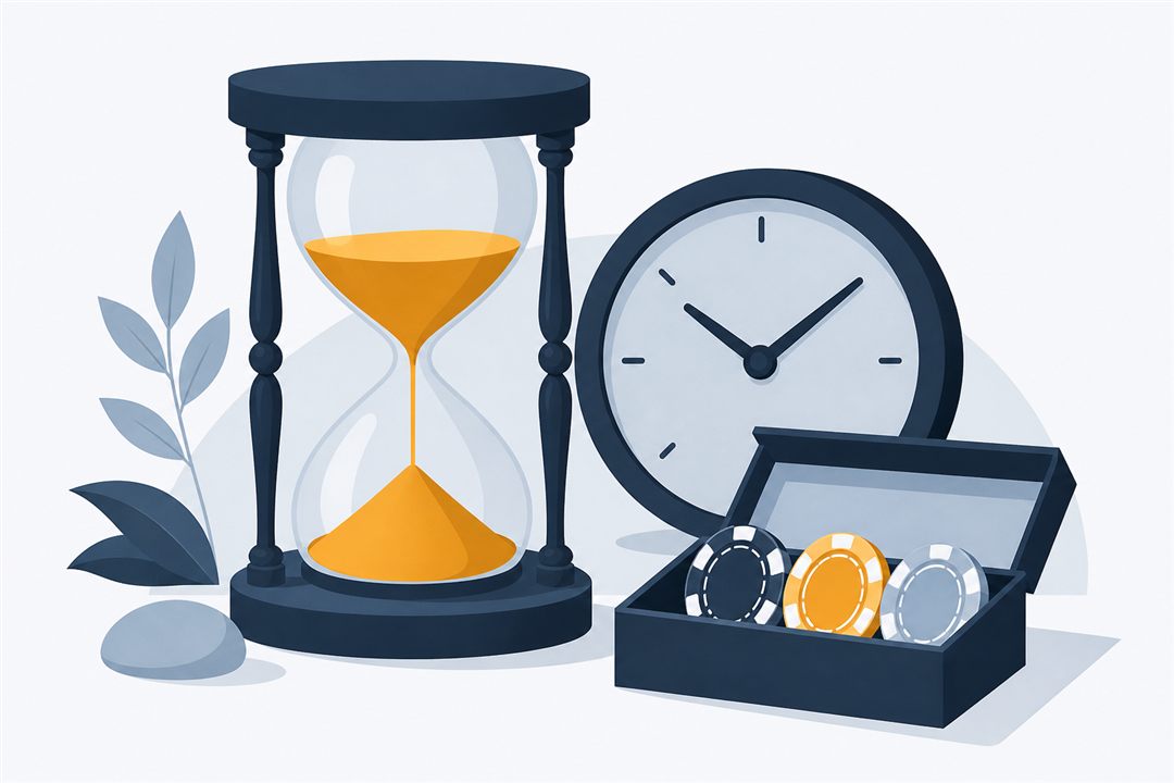 Calm illustration of an hourglass, a clock and casino chips put away in a small box