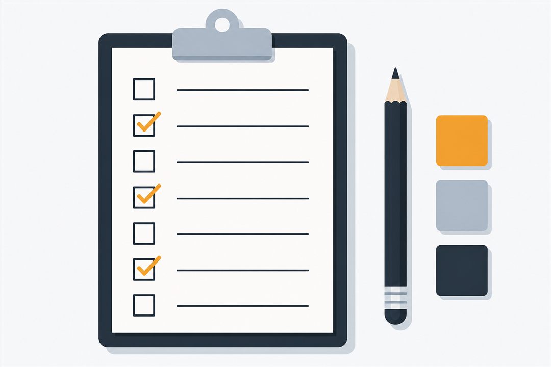 Illustration of a clipboard checklist with amber ticks beside a pencil and three grade tiles