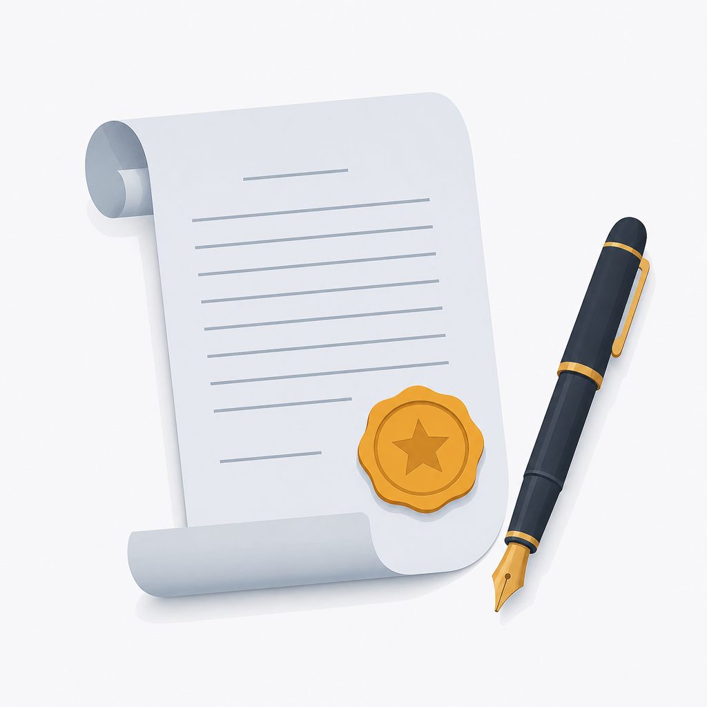 Illustration of an unrolled paper scroll with an amber seal and a fountain pen