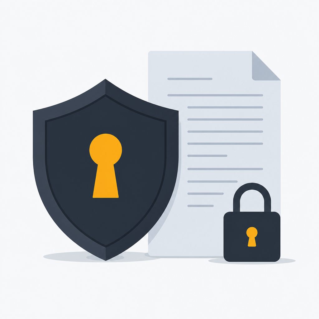 Illustration of a charcoal shield with an amber keyhole beside a document and padlock